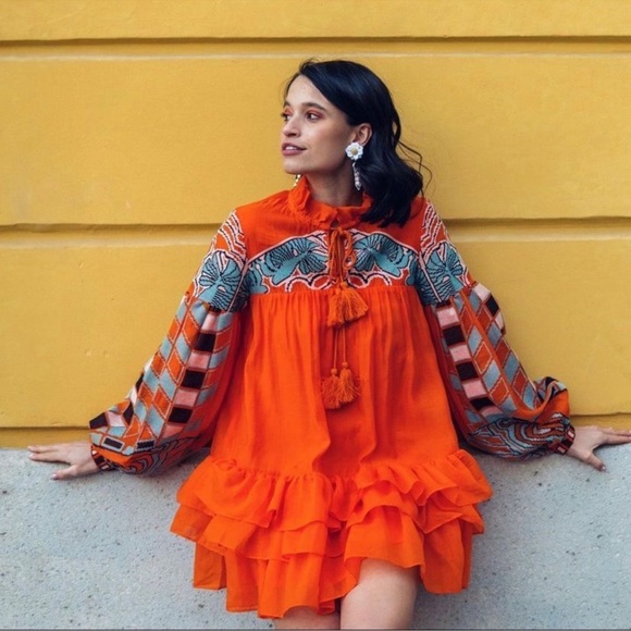 Iris Apfel X H&M Flounce Embroidered Tunic Dress Orange - Picture 4 of 11